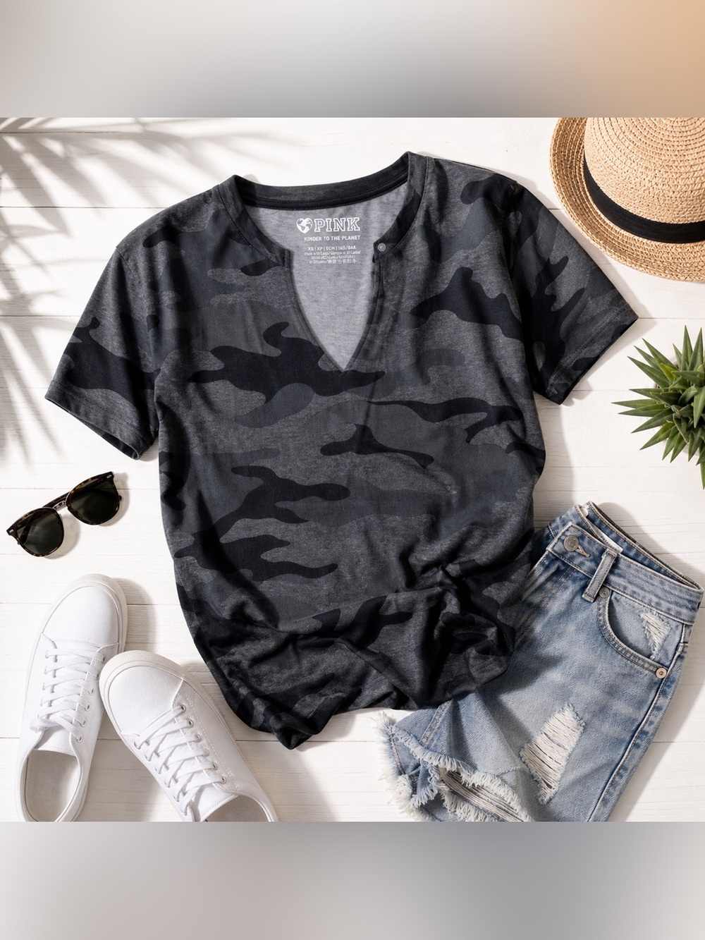 NWT! Victoria’s Secret PINK • Split Neck Tee Shirt • Size XS • Black Camo